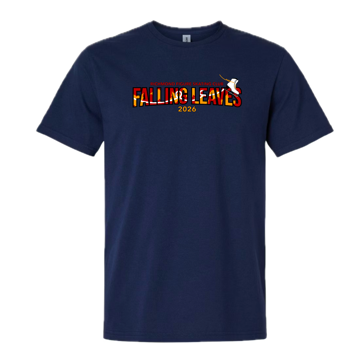 A navy blue short-sleeve crewneck t-shirt with a FALLING LEAVES graphic displayed on a clean white background.