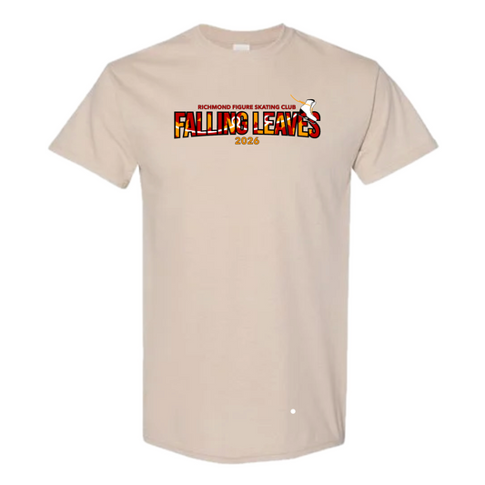 A light beige crewneck t-shirt featuring a colorful graphic on the chest that reads 'RICHMOND FIGURE SKATING CLUB FALLING LEAVES 2026' with a stylized figure skater illustration.