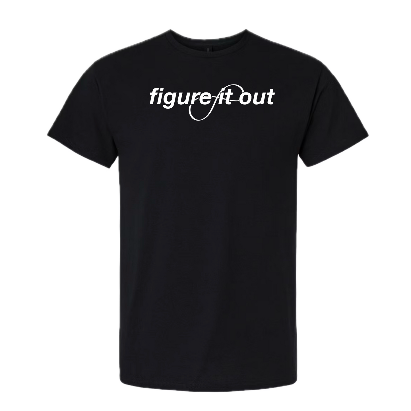 Black t-shirt with 'Figure It Out' text on a white background