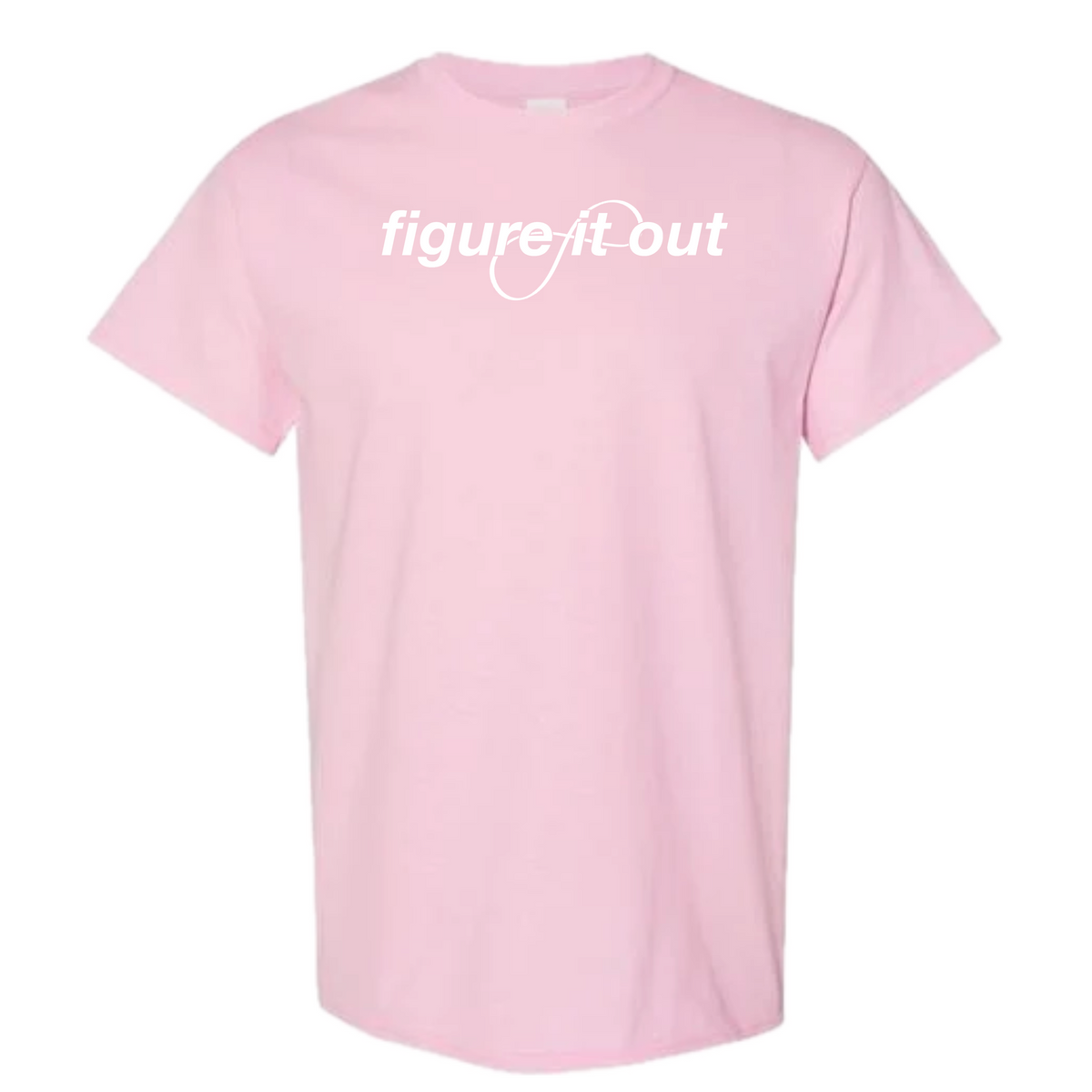 A light pink short-sleeve crewneck t-shirt with the phrase 'figure it out' printed in white across the chest, set against a plain white background.