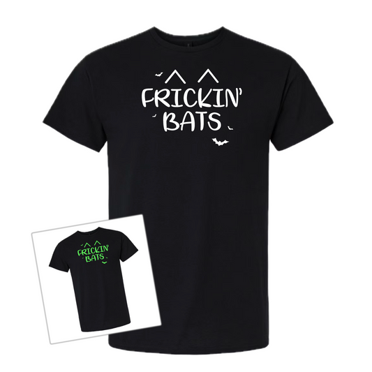 Black t-shirt with 'Frickin' Bats' text on a white background