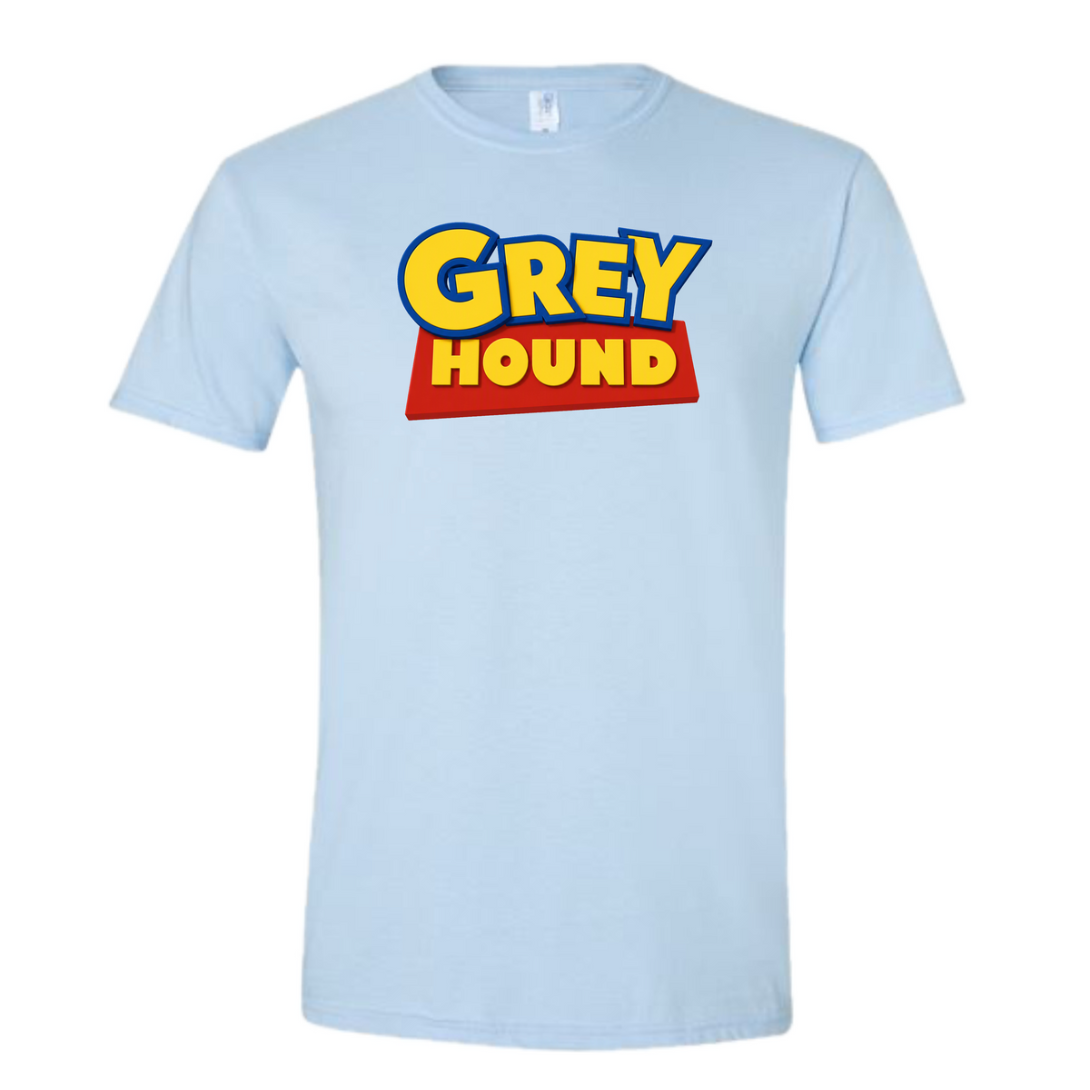 A light blue short-sleeve crewneck t-shirt featuring a 'GREY HOUND' graphic on the chest in yellow and red.