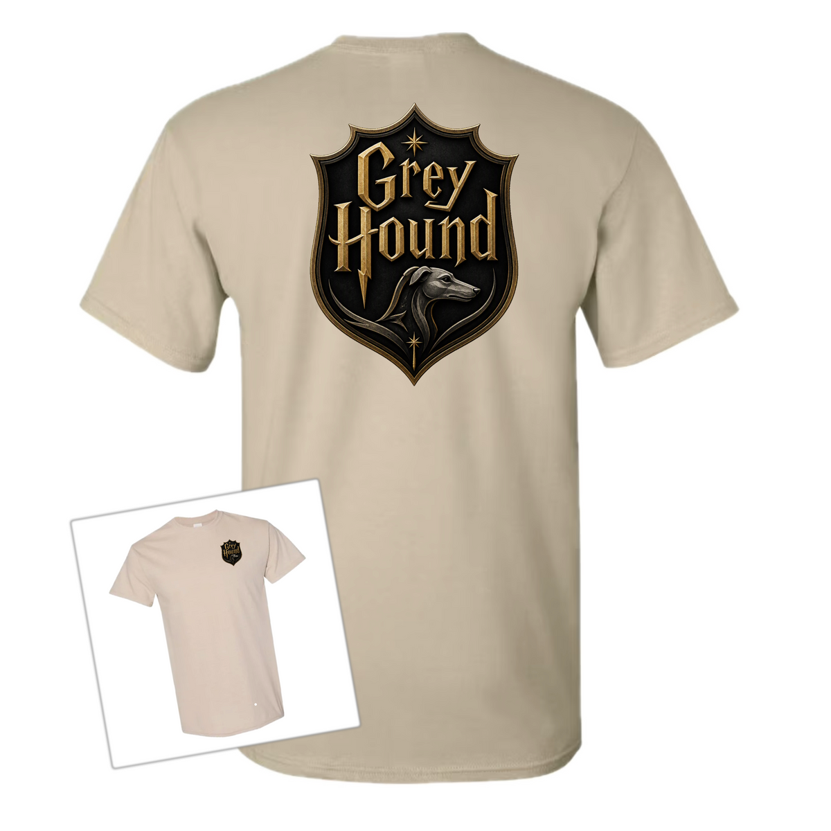 Beige t-shirt with a large emblem on the back that includes the word ‘Greyhound’ and a silhouette of the side of a greyhound dog’s head underneath. Inset in the bottom left corner is a view of the front of the shirt that has the same emblem applied in the top right of the t-shirt. All atop a plain white background. 