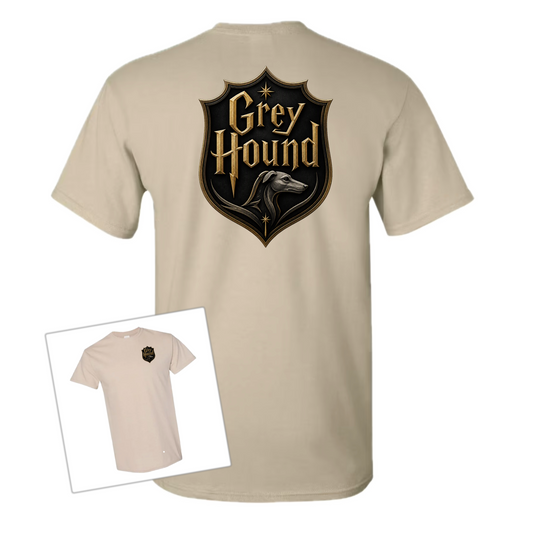 Beige t-shirt with a large emblem on the back that includes the word ‘Greyhound’ and a silhouette of the side of a greyhound dog’s head underneath. Inset in the bottom left corner is a view of the front of the shirt that has the same emblem applied in the top right of the t-shirt. All atop a plain white background. 