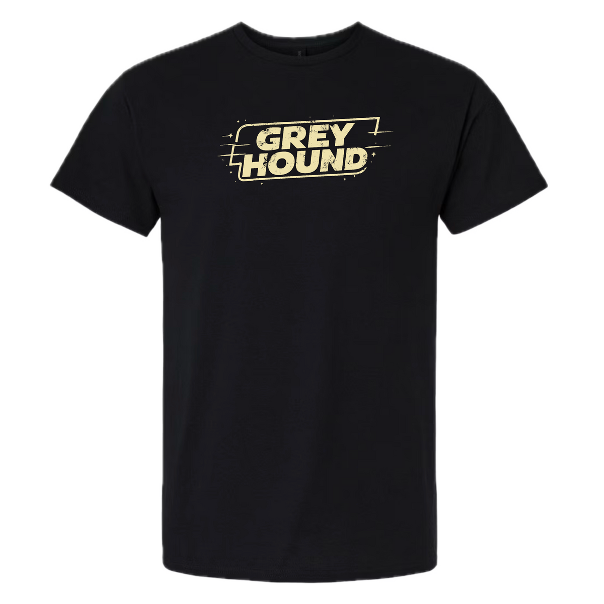 A black short sleeve t-shirt with ‘GREYHOUND’ in bold, tan letters on a plain white background 