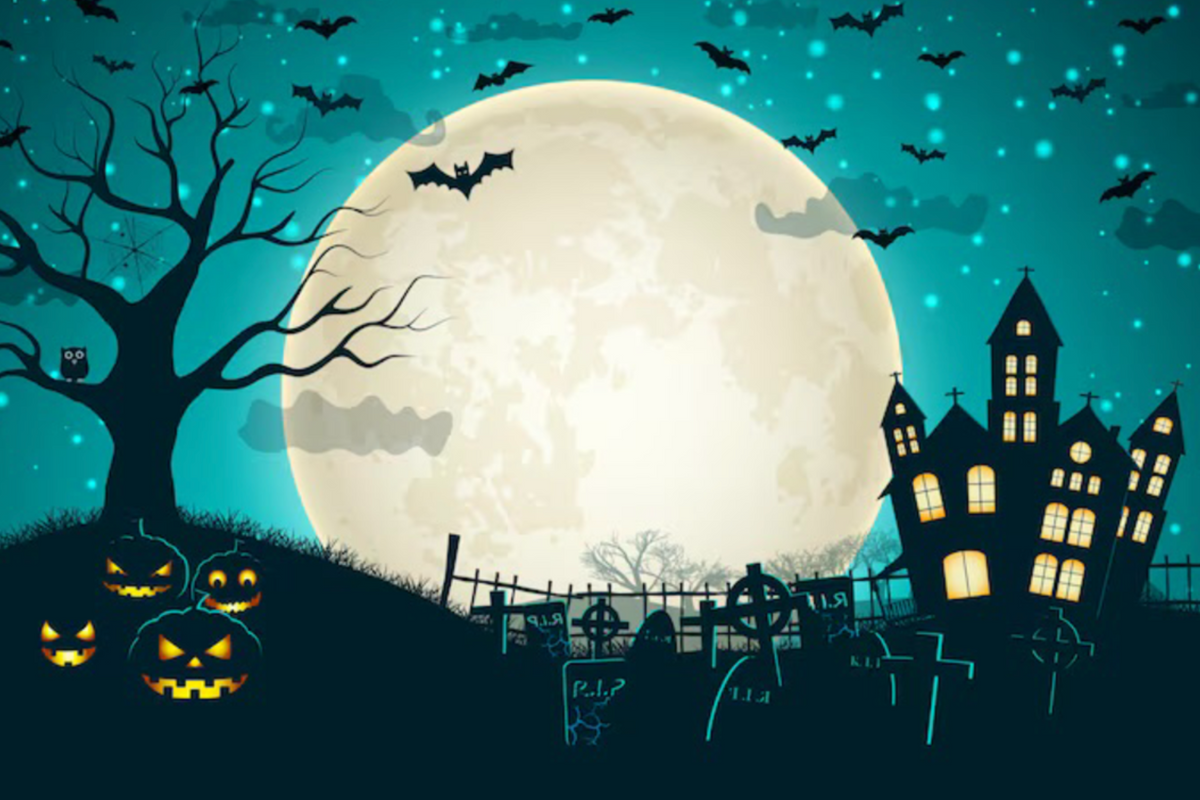 Halloween night scene illustration with a large pale full moon, dark silhouetted haunted house, bare tree, bats, jack-o'-lanterns, tombstones, and a starry teal sky.