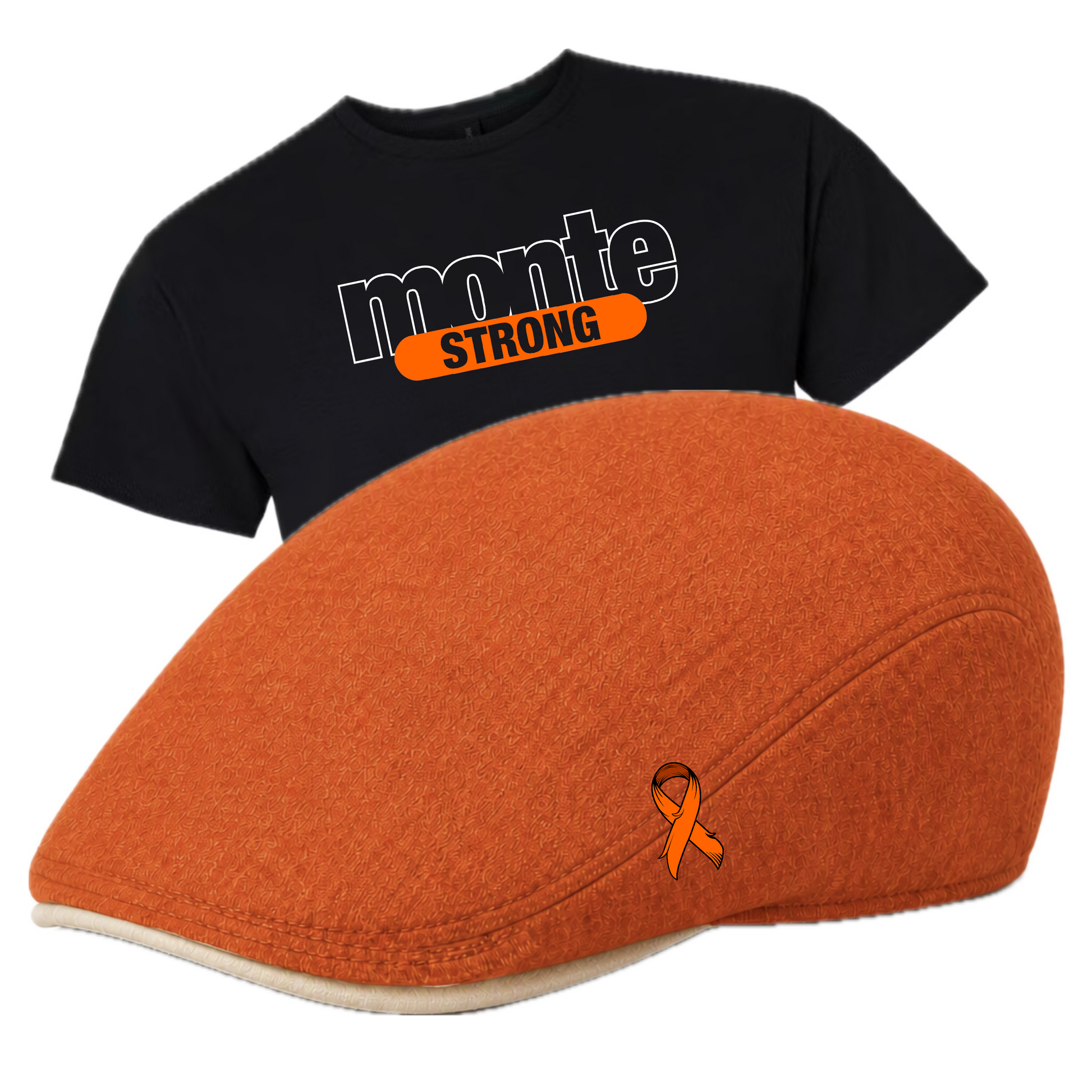 A black short-sleeve T-shirt with a white and orange 'monte STRONG' graphic is shown behind an orange flat cap. The cap has a small orange awareness ribbon pin on the side