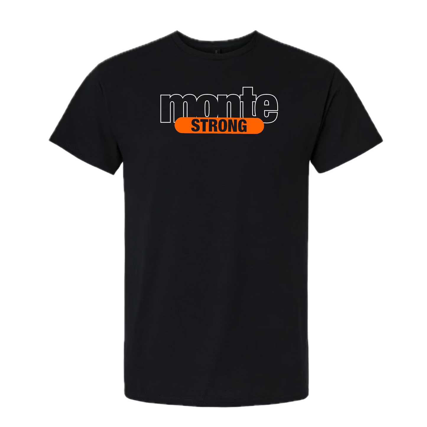 Black t-shirt with 'Monte Strong' text on a white background