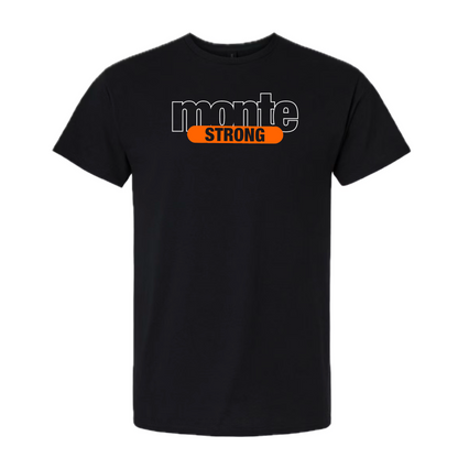 Black t-shirt with 'Monte Strong' text on a white background