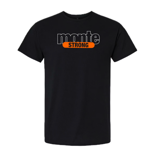 Black t-shirt with 'Monte Strong' text on a white background