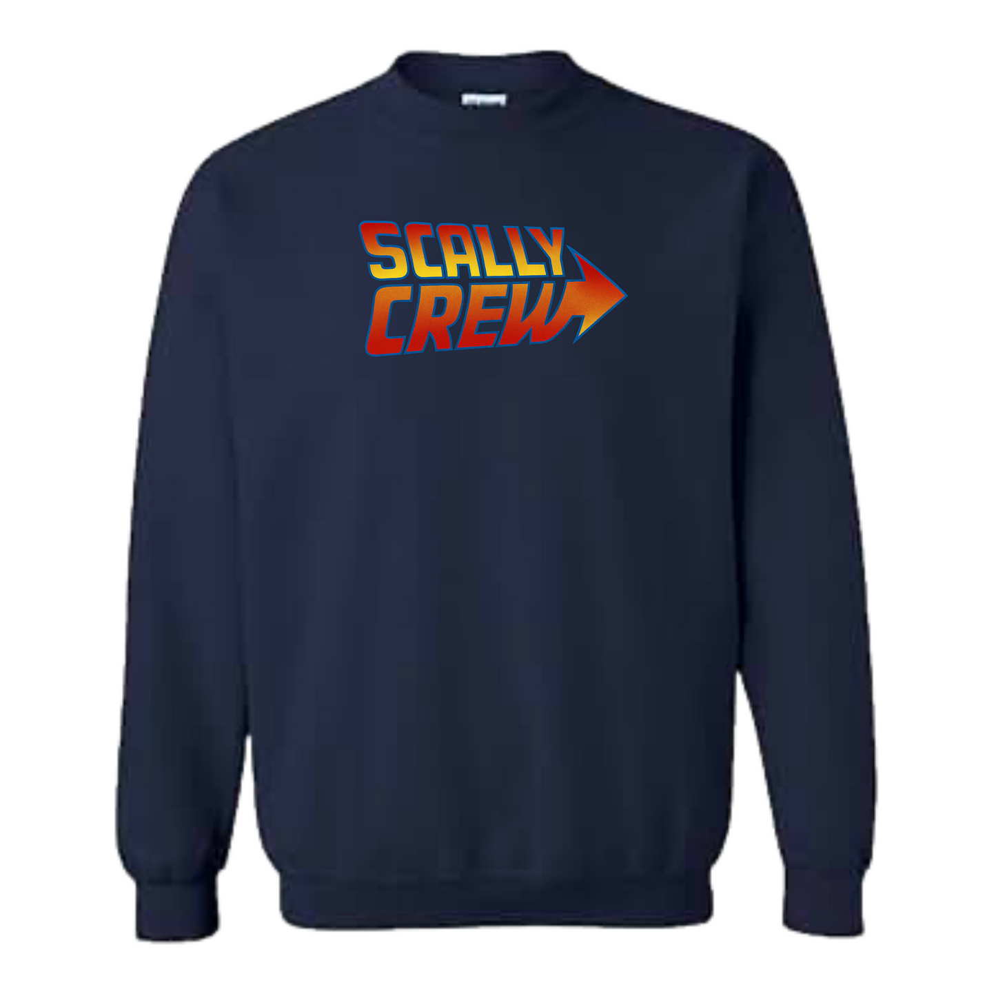 Navy blue sweatshirt with 'Scally Crew' text and logo on a white background