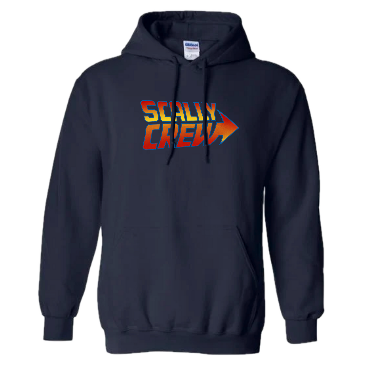 Navy hoodie with 'Scally Crew' text and logo on a white background