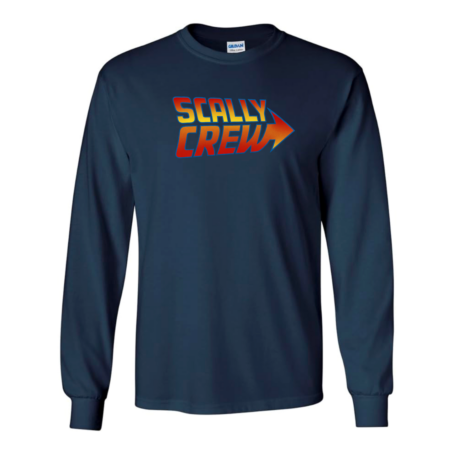 Navy blue long-sleeve shirt with 'Scally Crew' text and logo on a white background