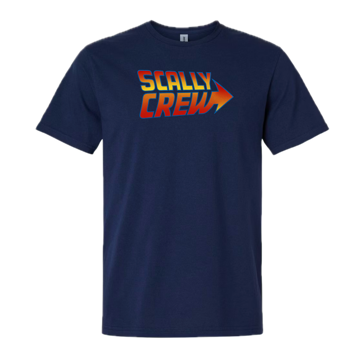 Navy blue t-shirt with 'Scally Crew' text and logo on a white background