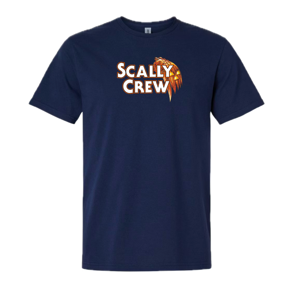 Navy blue t-shirt with 'Scally Crew' text and graphic on a white background