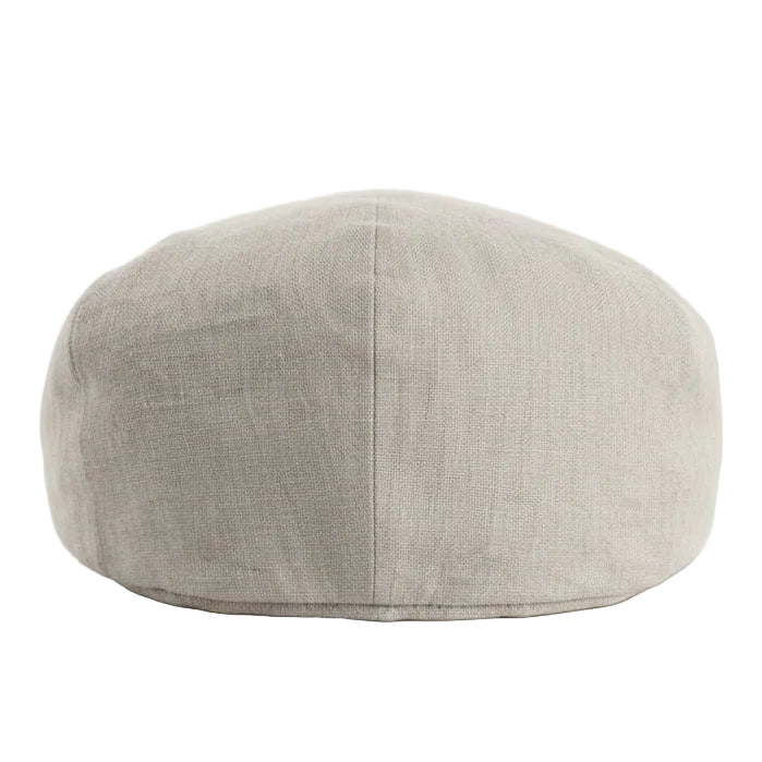 A light beige linen flat cap photographed from the back on a white background 