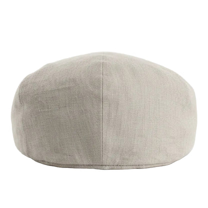 A light beige linen flat cap photographed from the back on a white background 