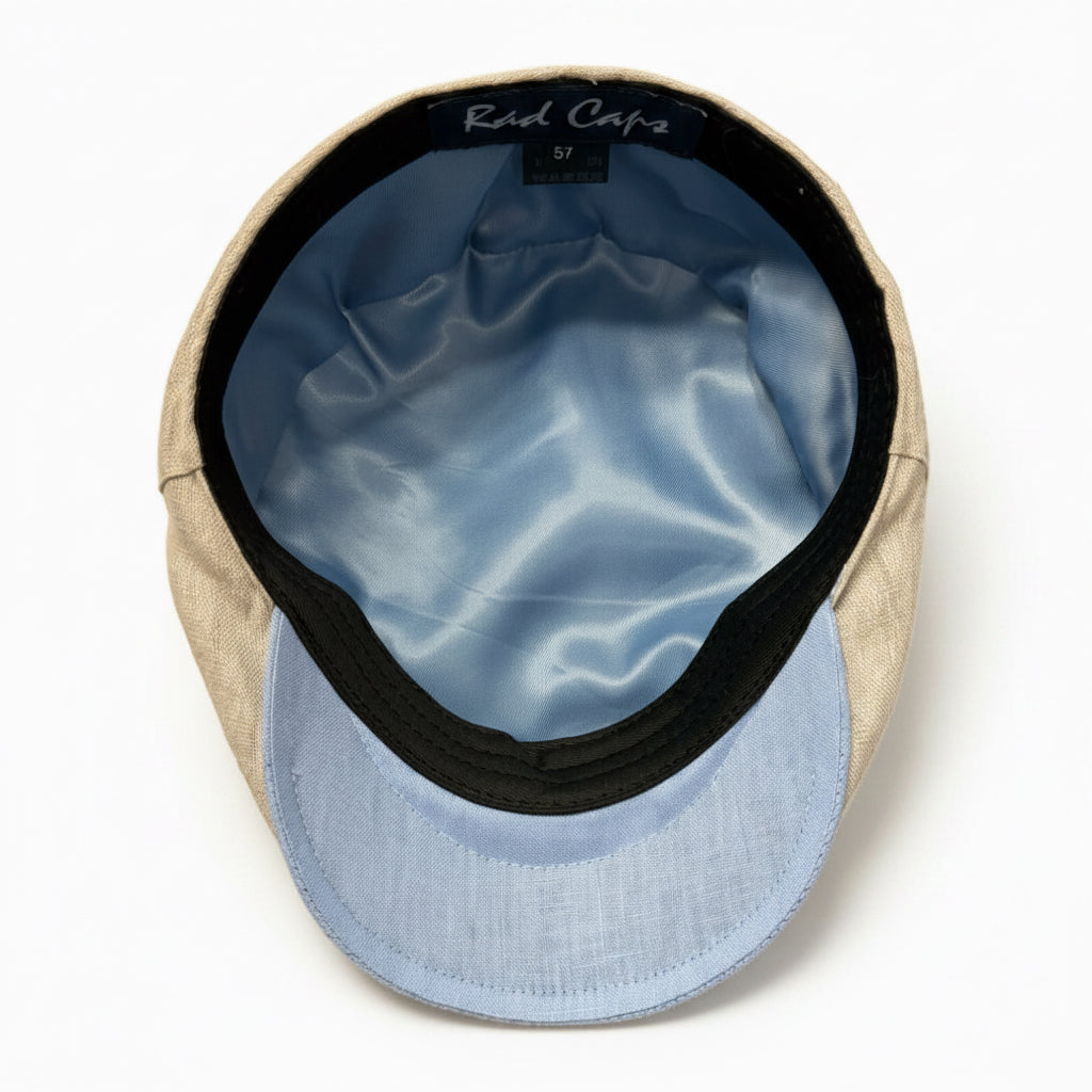 A top-down view of a the inside of a cap with a beige linen-textured crown, a light blue fabric visor, and a light blue satin inner lining. The brand name 'Rad Caps' is visible on the black interior label.