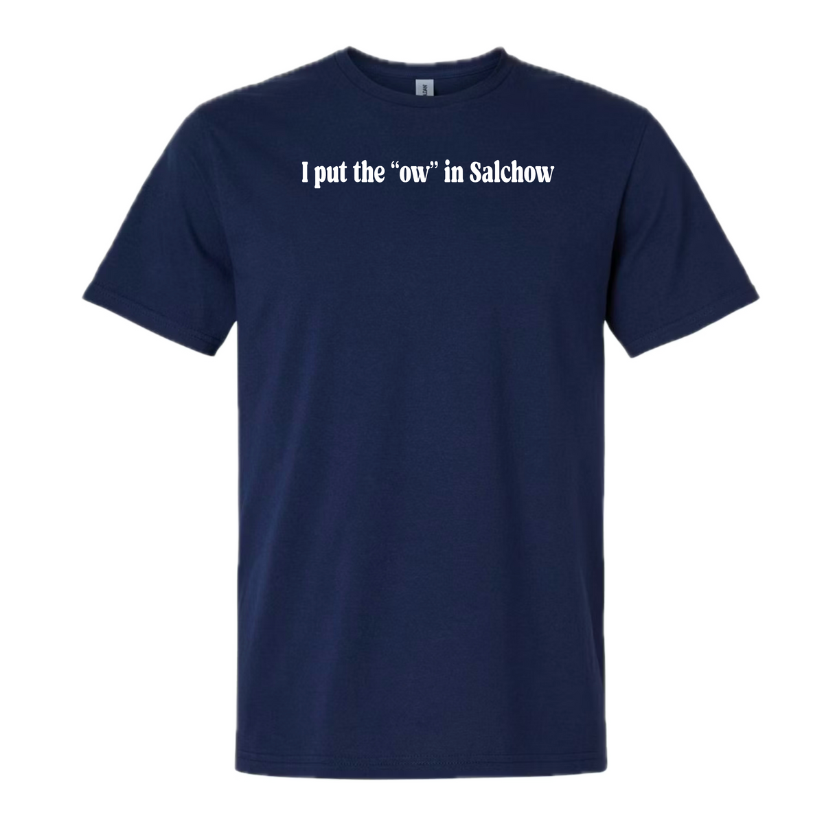 A navy blue short-sleeve crewneck t-shirt featuring the words 'I put the ow in Salchow' printed across the chest shown against a plain white background.