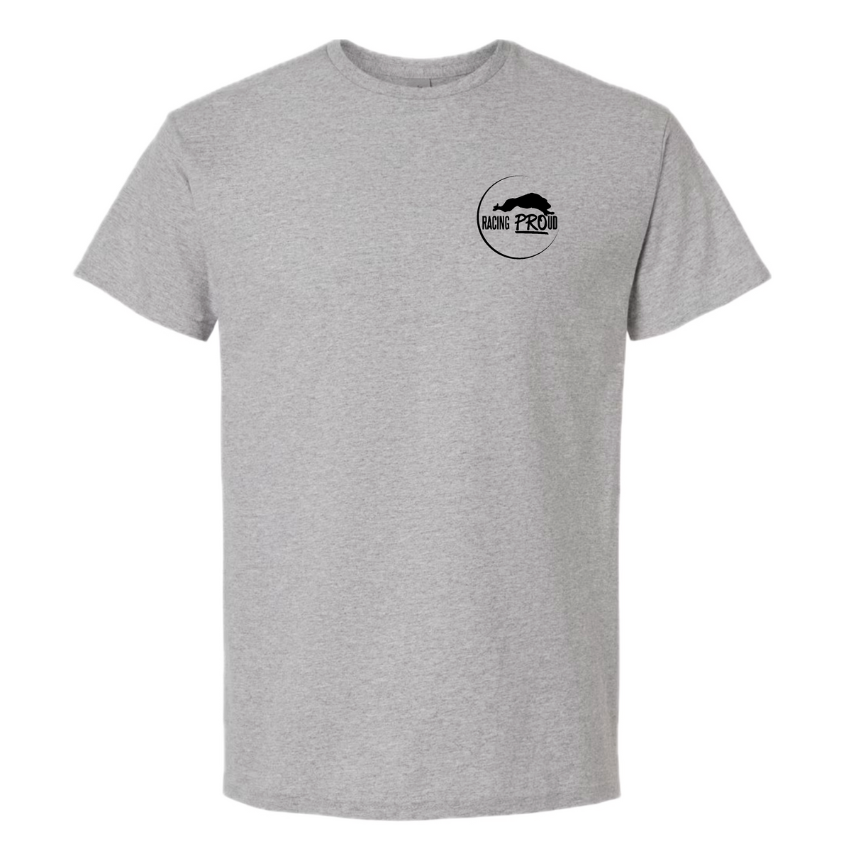 Grey t-shirt with a black Racing PROud logo on a white background