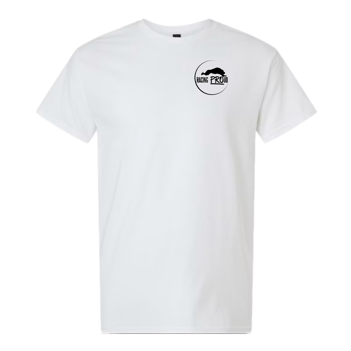 White t-shirt with a black Racing PROud logo on a white background