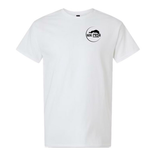 White t-shirt with a black Racing PROud logo on a white background
