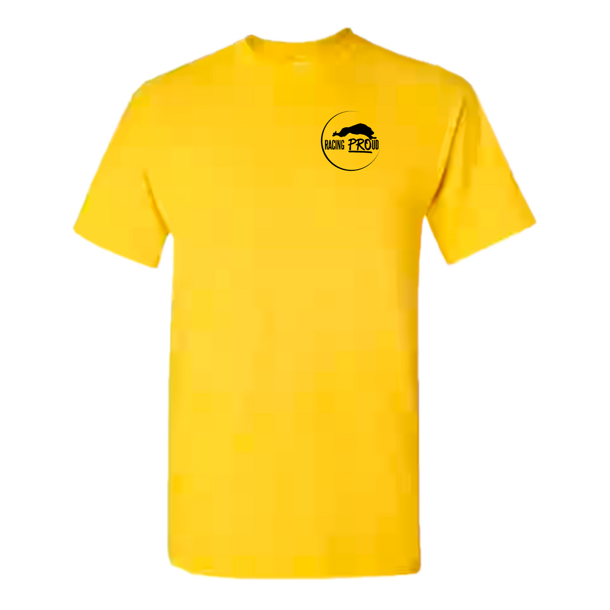 Yellow t-shirt with a black Racing PROud logo on a white background