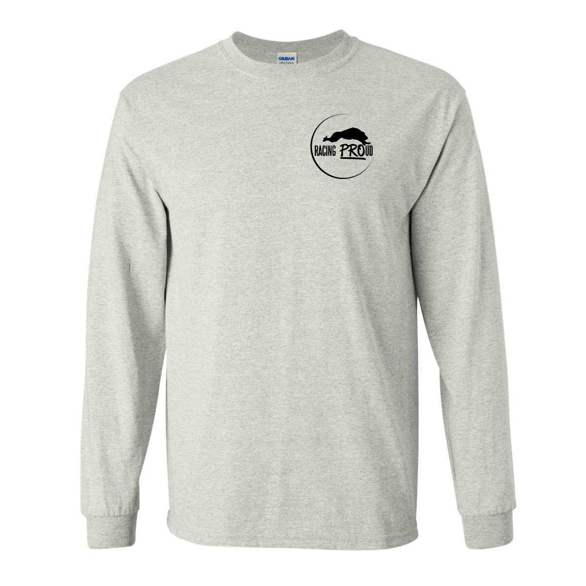 Grey long-sleeve shirt with a black Racing PROud logo on a white background
