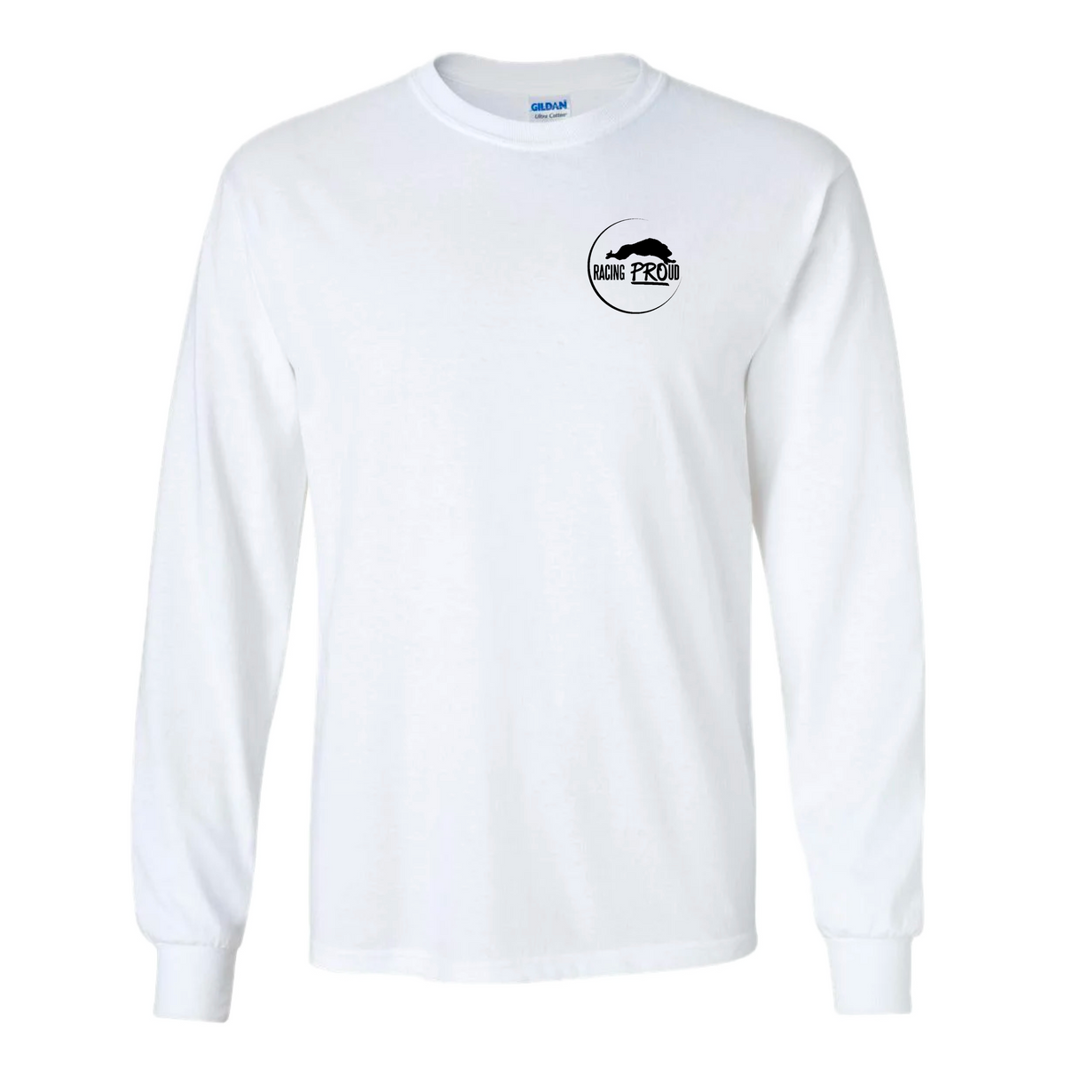 White long-sleeve shirt with a black Racing PROud logo on the chest against a white background