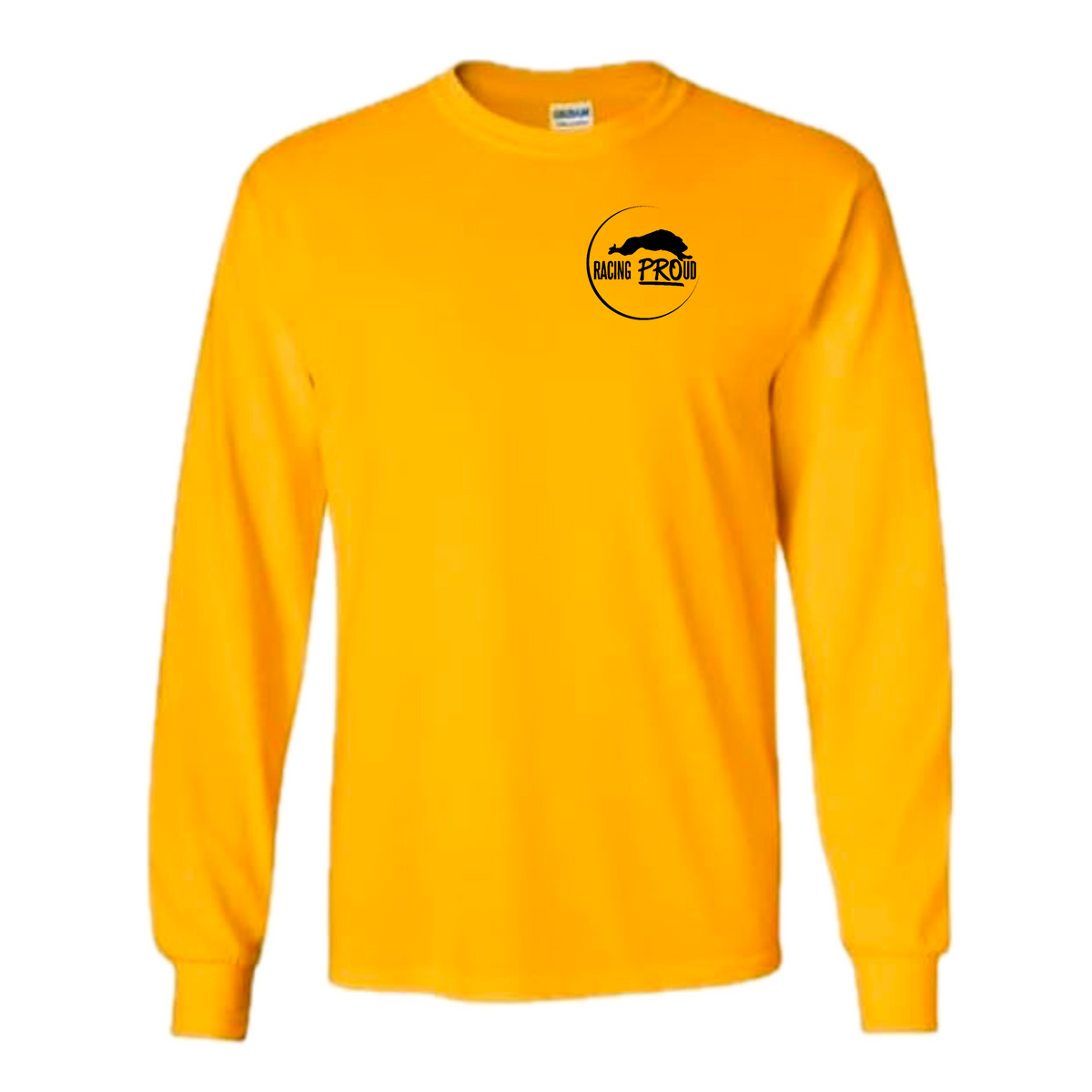 Yellow long-sleeve shirt with a black Racing PROud logo on a white background