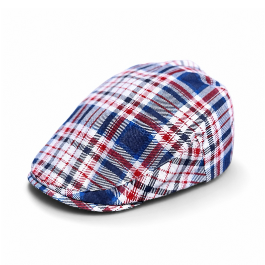 Plaid cap with red, blue, and white pattern on a white background