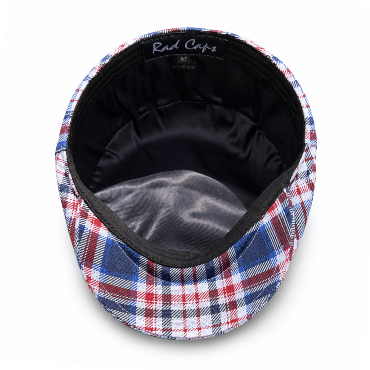 Plaid cap with black interior on a white background