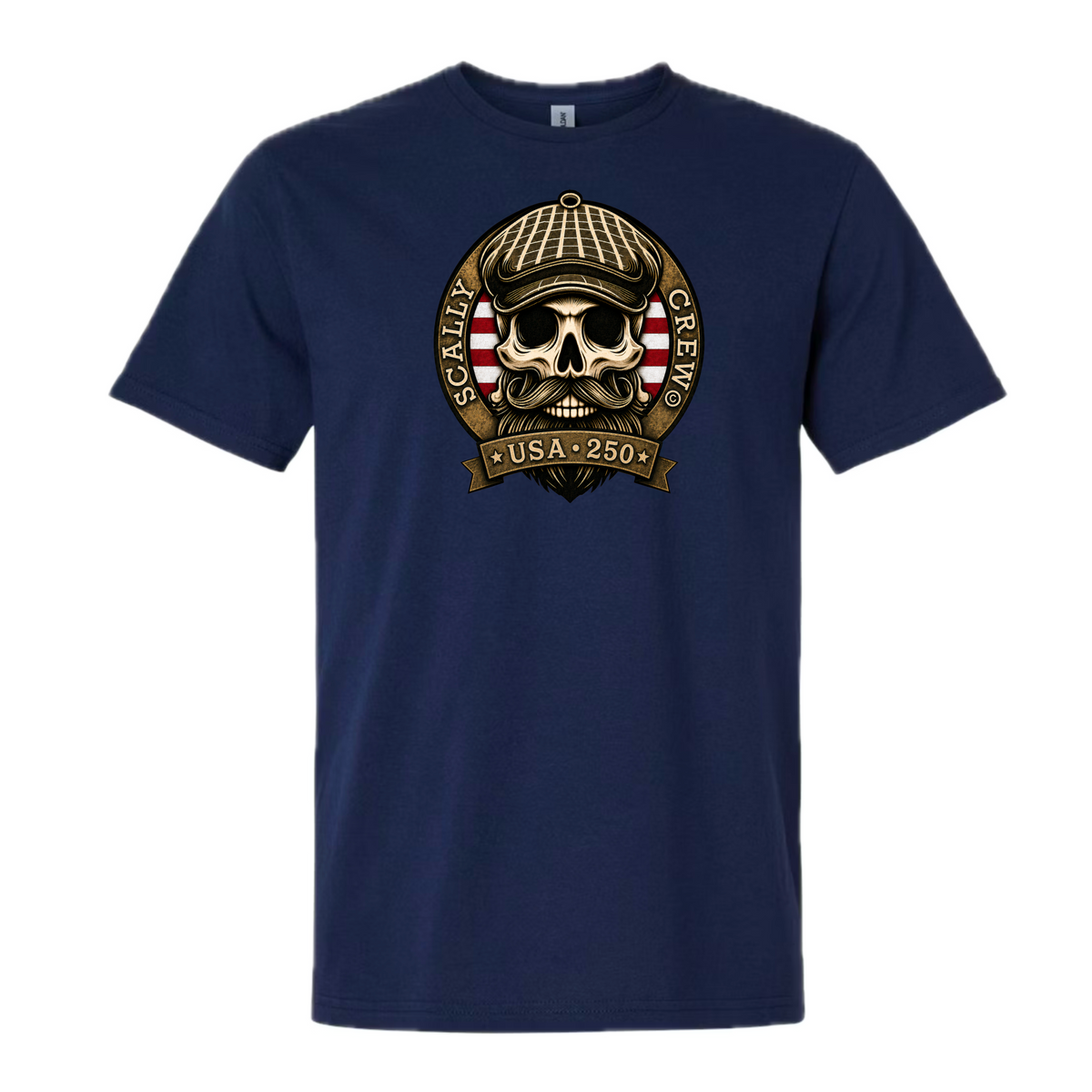 Navy blue t-shirt with skull and cap graphic over red and white stripes on a white background