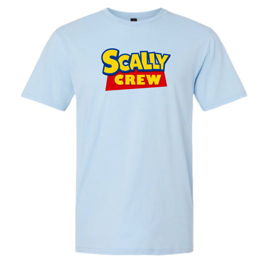 Light blue t-shirt with a childlike Scally Crew logo over a white background 