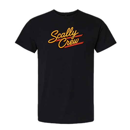 A black short-sleeve crewneck t-shirt featuring the words 'Scally Crew' printed across the chest in a yellow cursive font with red double-stripe accents, shown against a plain white background.