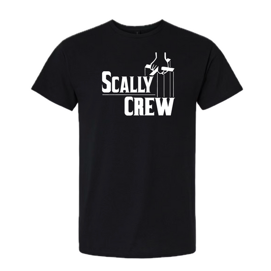 Black t-shirt with a white Scally Crew logo on a white background 