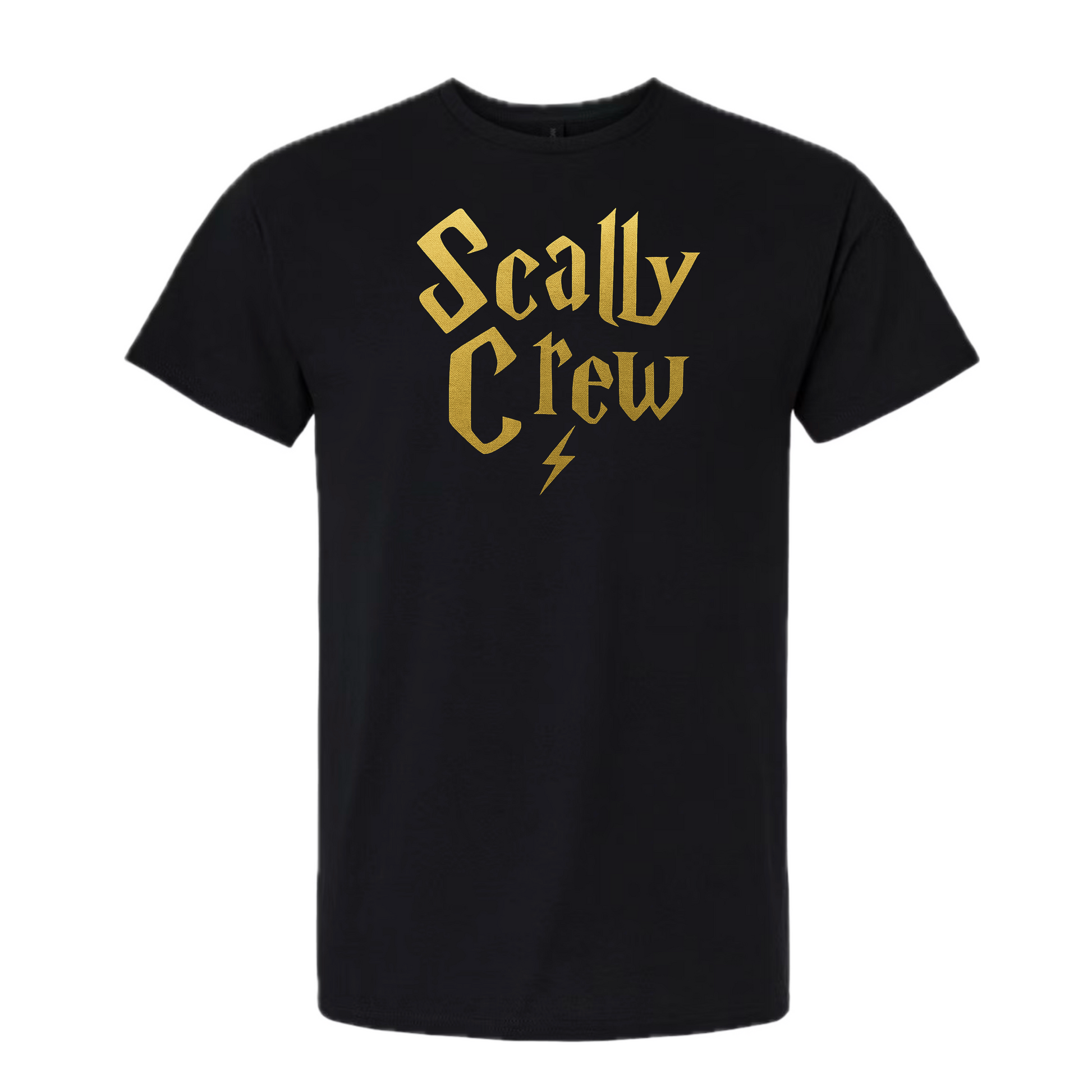 Black t-shirt with a gold Scally Crew logo on a white background