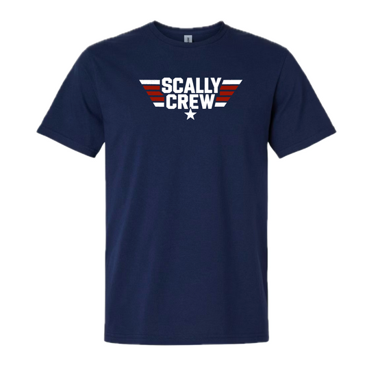 Navy blue t-shirt with 'Scally Crew' logo on a white background