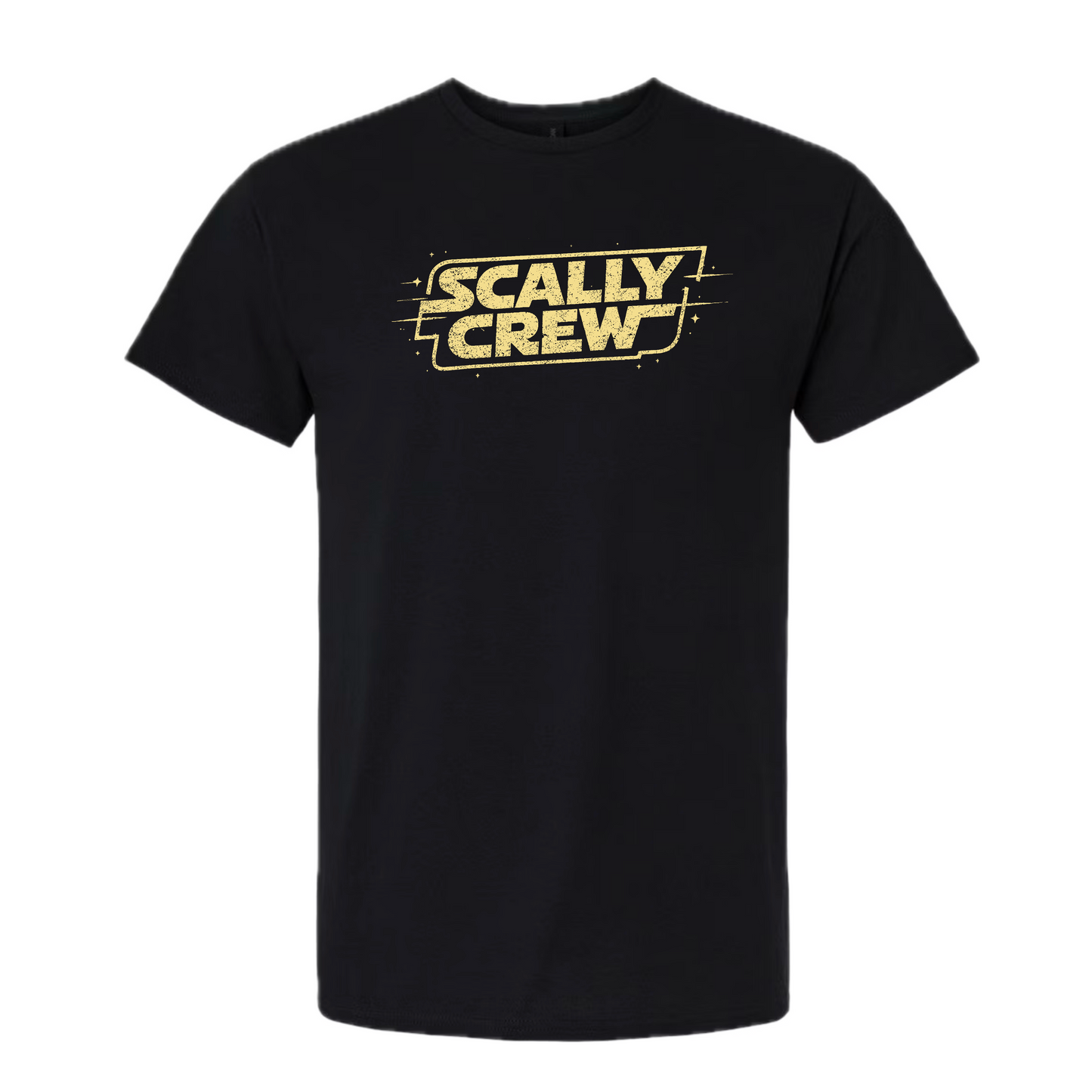 Black t-shirt with a gold space themed Scally Crew logo on a white background