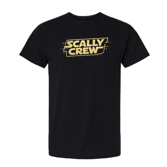 Black t-shirt with a gold space themed Scally Crew logo on a white background