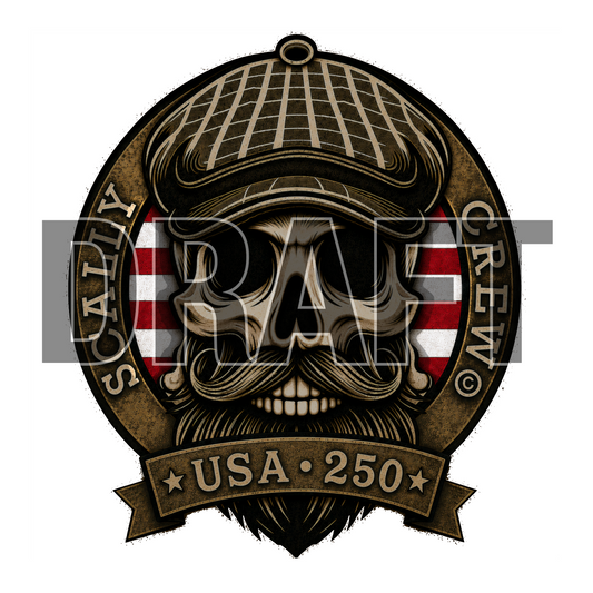Logo with a stylized skull wearing a cap, featuring text and a flag design.