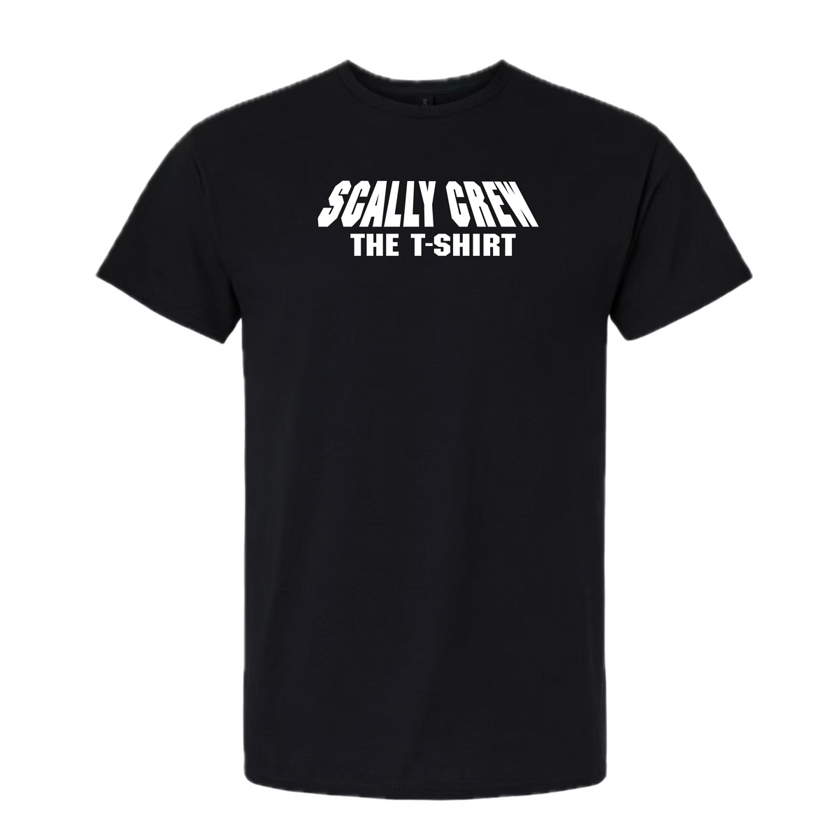 Black t-shirt with 'Scally Crew The T-Shirt' text on a white background