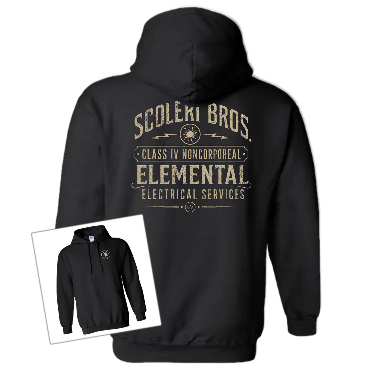 A black pullover hoodie shown from the back with a large distressed cream graphic reading 'Scoleri Bros. Class IV Noncorporeal Elemental Electrical Services.’