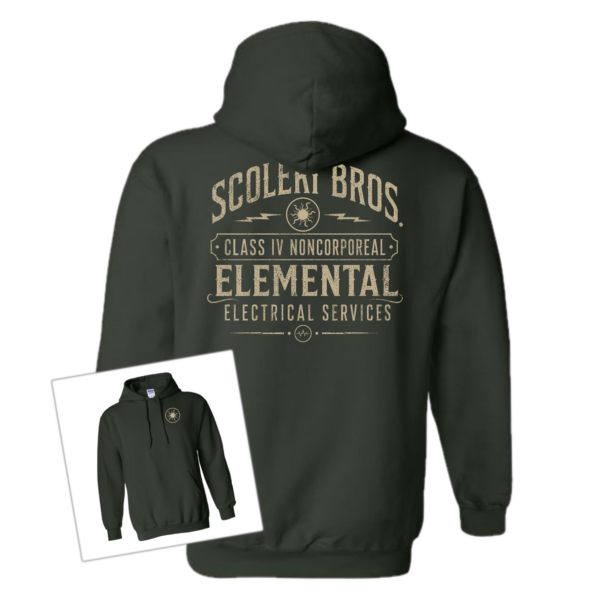 A dark forest green hoodie shown from the back, featuring a large distressed beige graphic that reads 'SCOLEN BROS. CLASS IV NONCORPORAL Elemental Electrical Services.