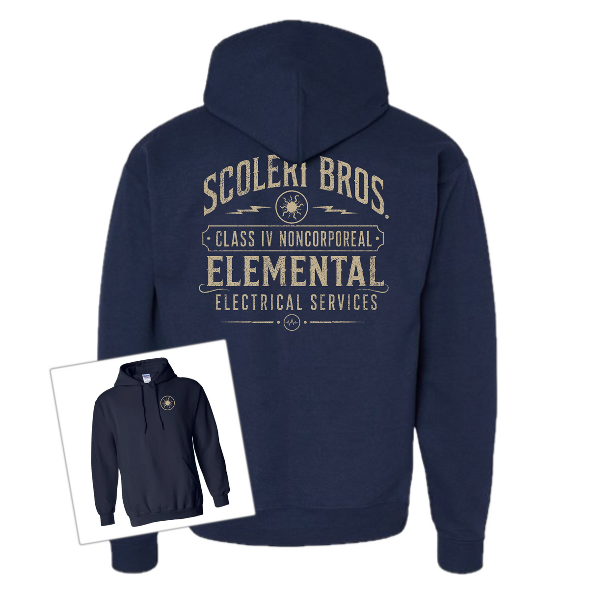 A navy blue hoodie shown from the back with a large distressed cream graphic reading 'Scoleki Bros. Class IV Noncorporeal Elemental Electrical Services.