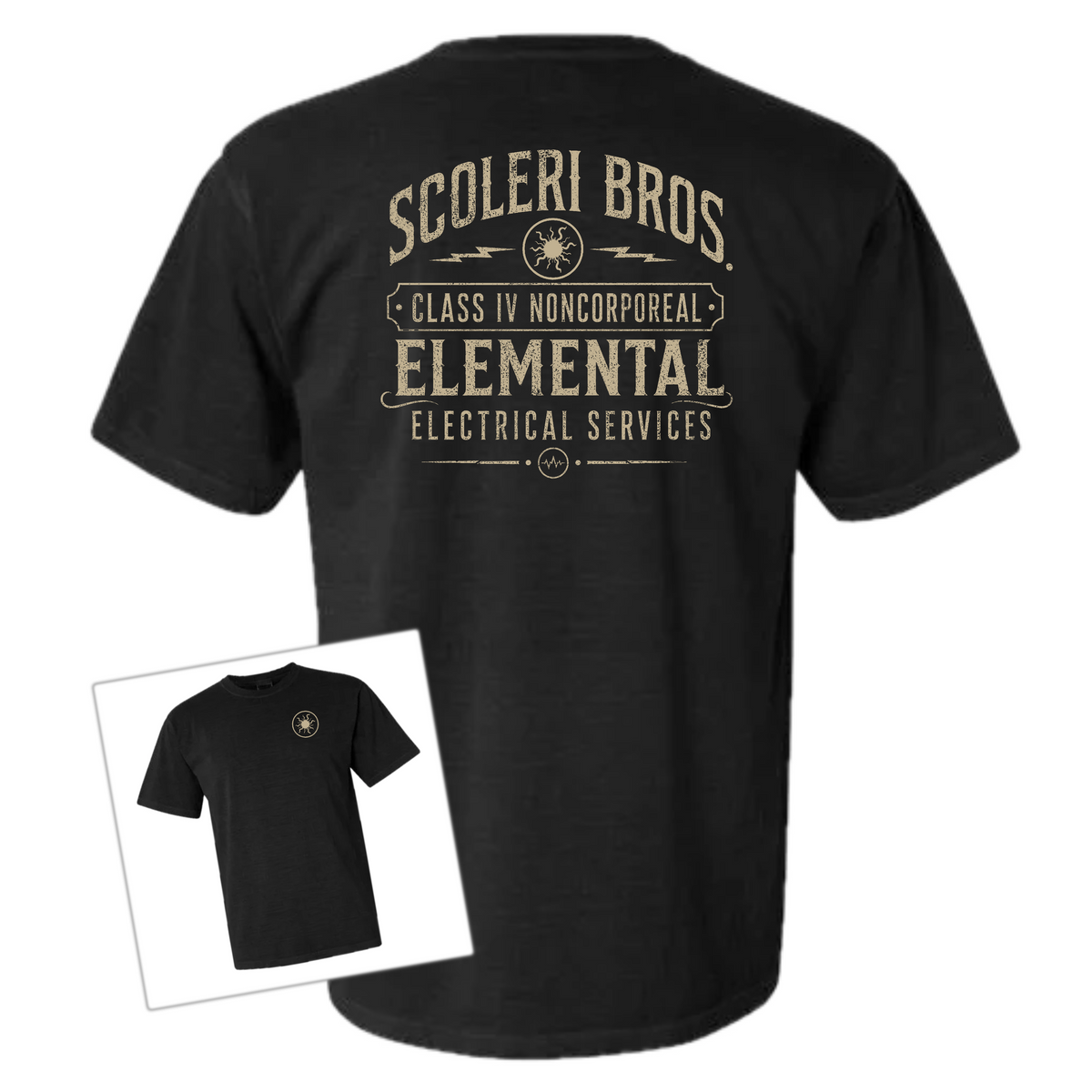 A black short-sleeve t-shirt shown from the back, featuring a large distressed beige graphic that reads 'SCOLERi BROS. CLASS IV NONCORPOREAL ELEMENTAL ELECTRICAL SERVICES' with a circular emblem.