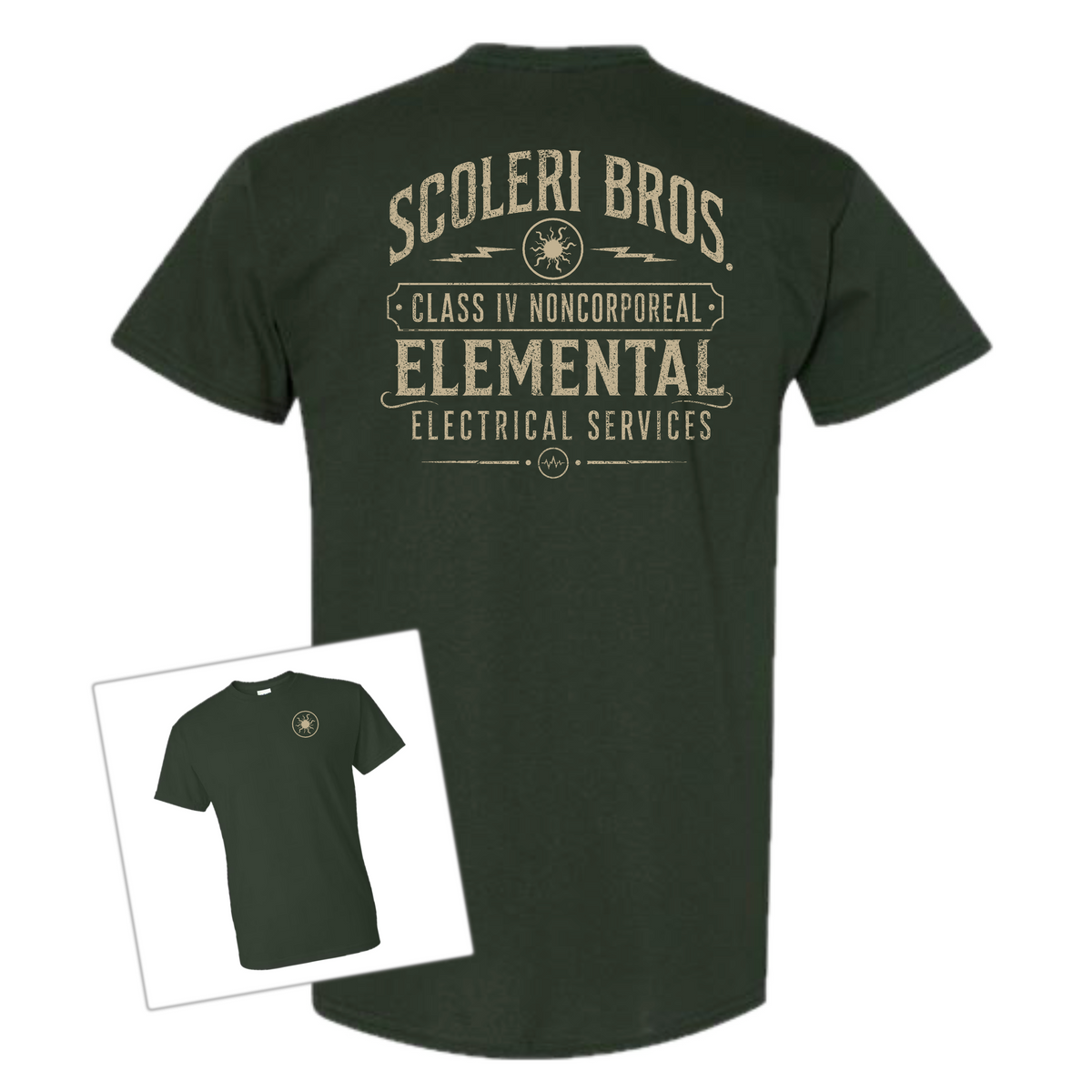 Dark green t-shirt shown from the back with a large beige graphic print reading 'SCOLERi BROS. CLASS IV NONCORPOREAL ELEMENTAL ELECTRICAL SERVICES'.
