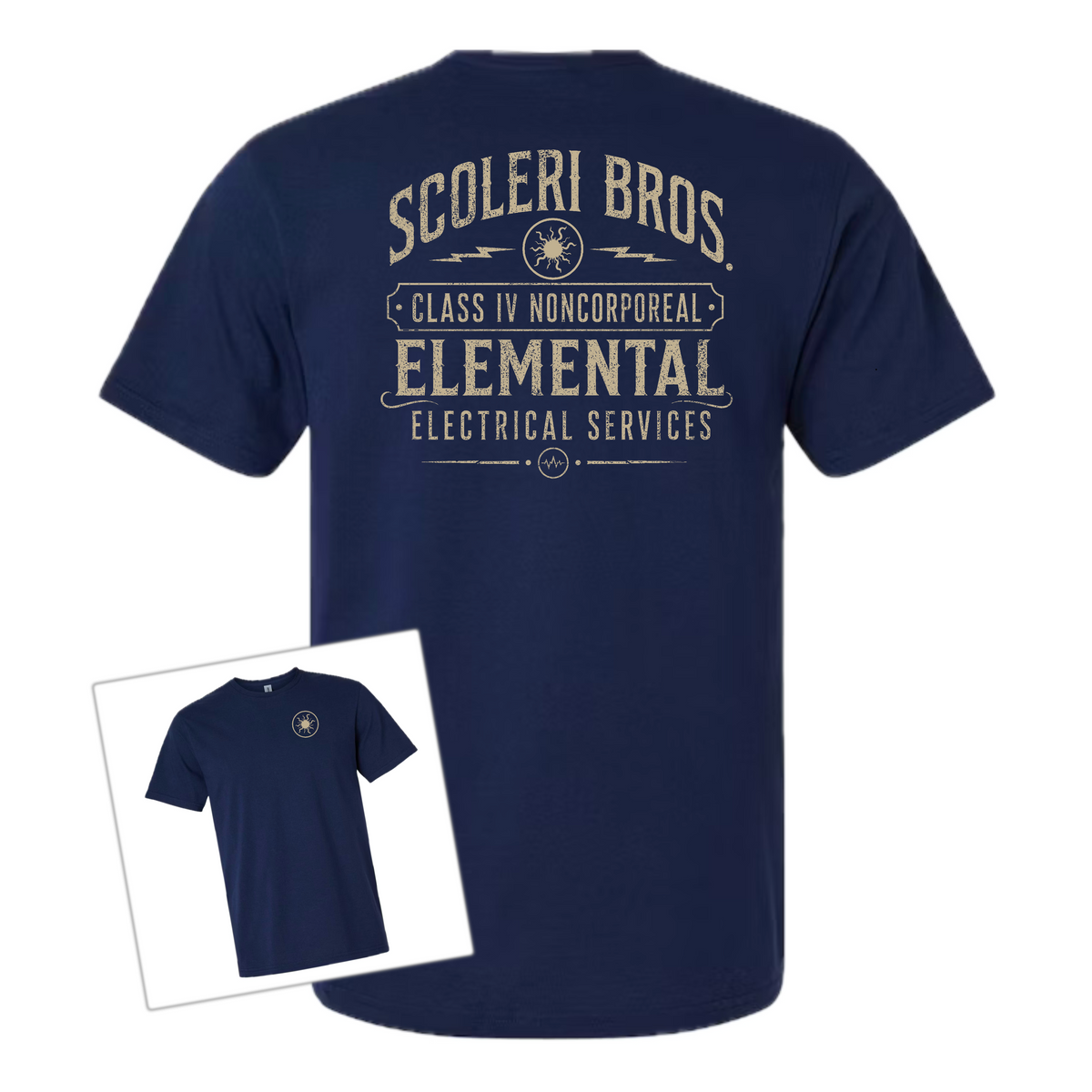A navy blue short-sleeve t-shirt shown from the back, featuring a large distressed cream graphic that reads 'SCOLERi BROS. CLASS IV NONCORPOREAL ELEMENTAL ELECTRICAL SERVICES' with a circular emblem.