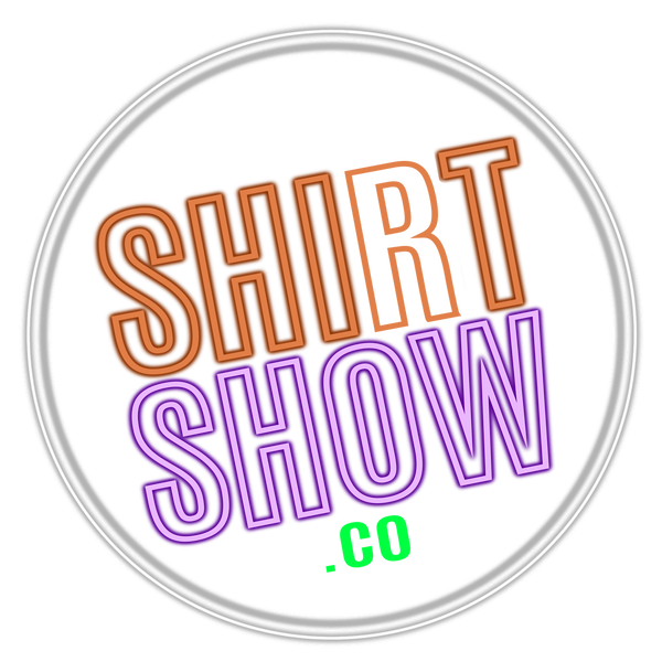 A circular graphic with the words “SHIRT SHOW .CO” in stylized outlined lettering.
