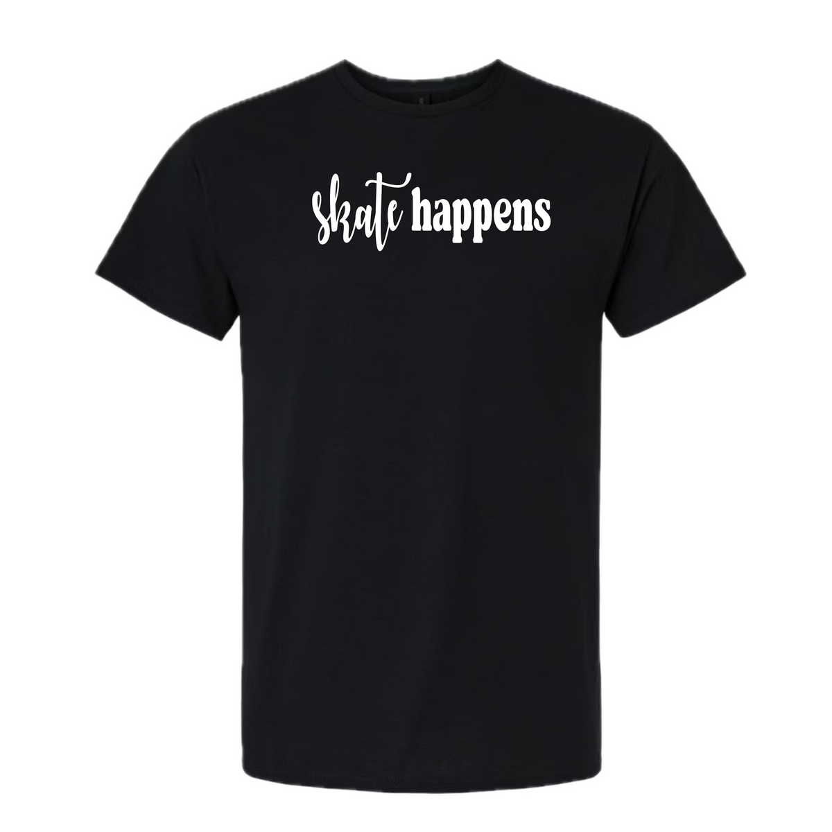 Black t-shirt with 'Skate Hapeens' text on a white background